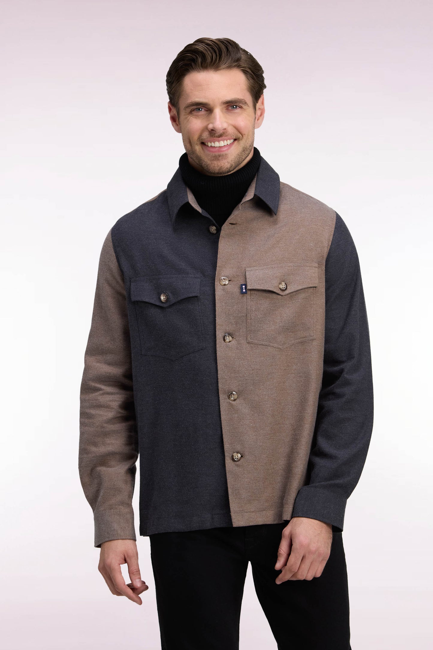 Surchemise en coton bicolore camel et kaki coupe droite