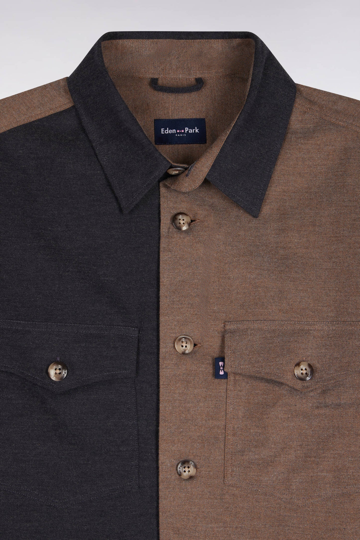 Surchemise en coton bicolore camel et kaki coupe droite