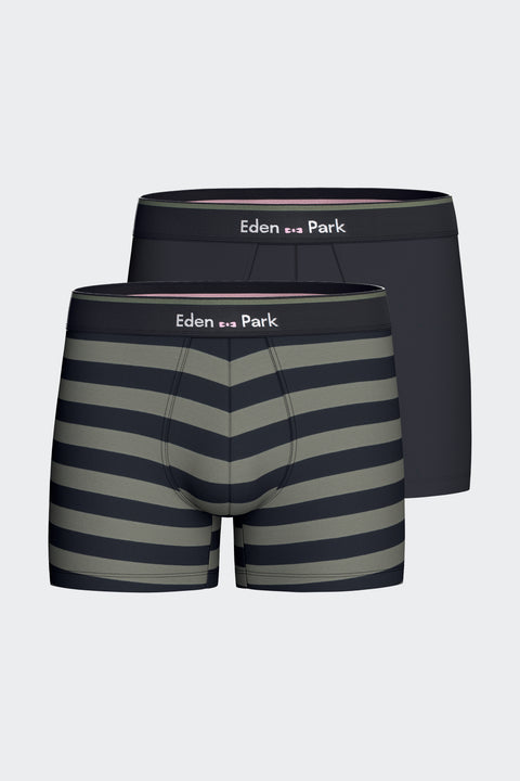 Lot de 2 boxers en jersey de coton stretch unis et rayés marine et kaki - Image 1