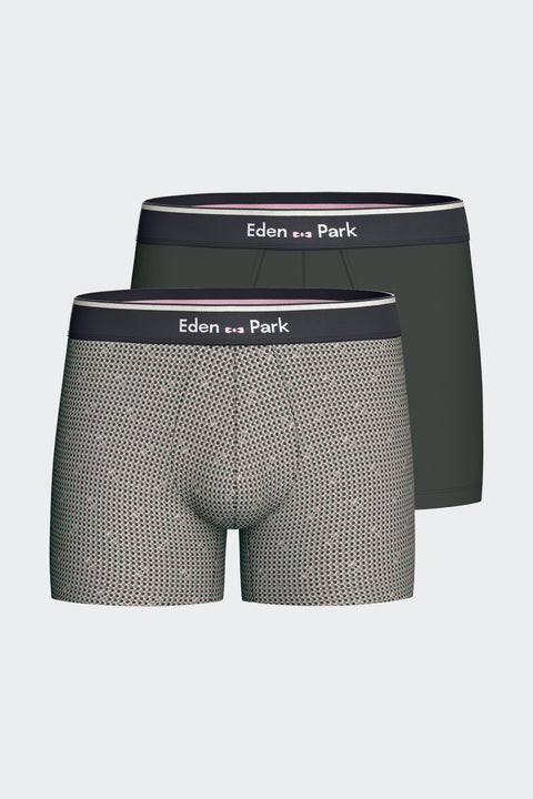 Lot de 2 boxers en jersey de coton stretch unis et imprimés kaki et gris - Image 1