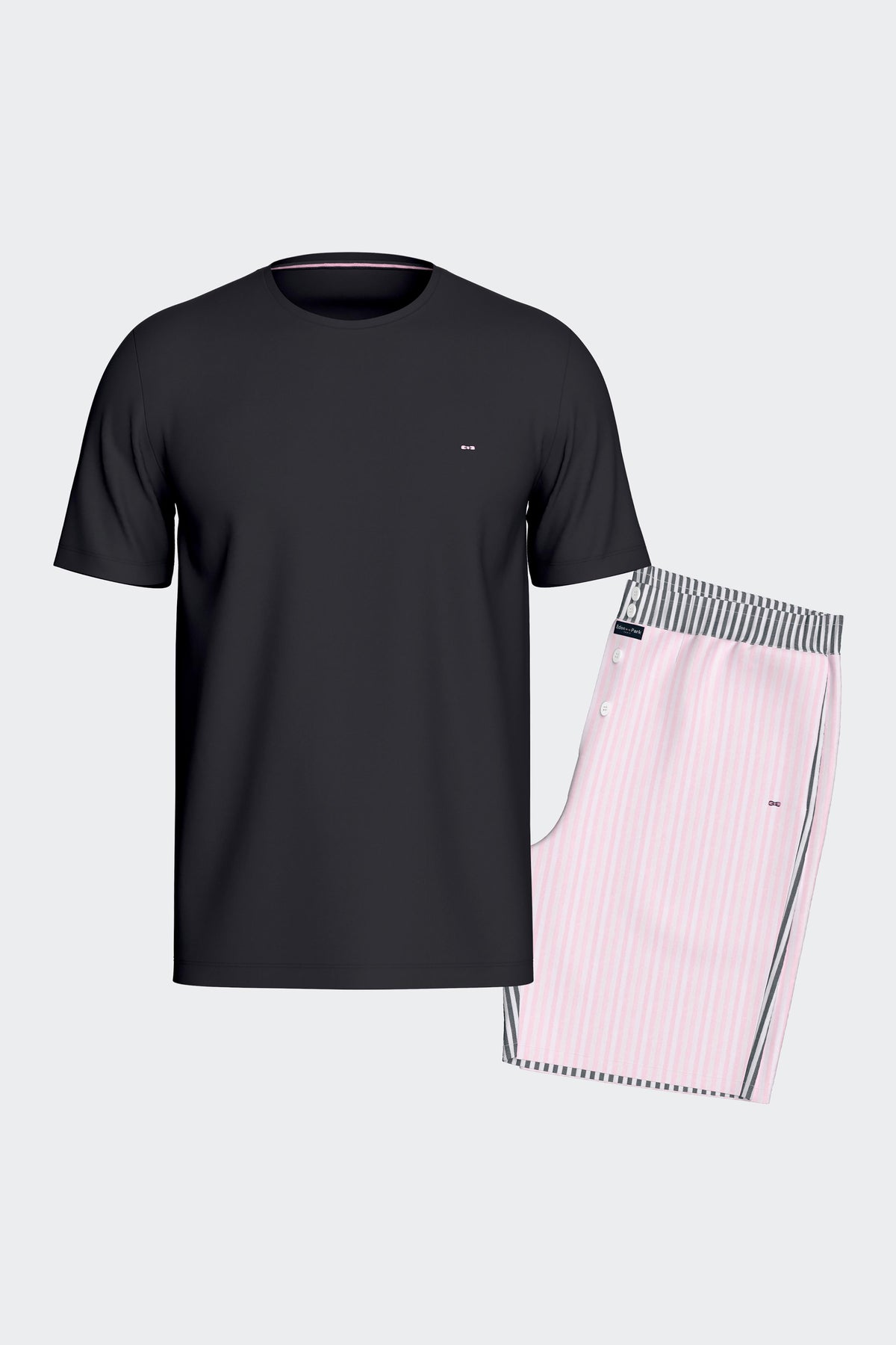 Ensemble pyjama court en coton T-shirt marine et short à rayures bâtons marine et roses