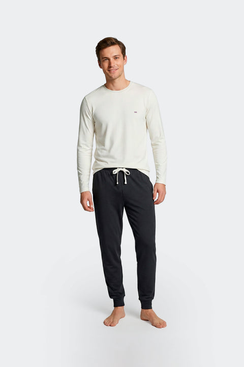 Ensemble pyjama long en coton T-shirt uni écru et pantalon marine - Image 2