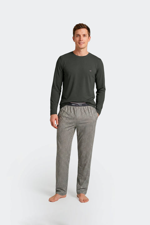 Ensemble pyjama long en coton T-shirt uni et pantalon à micromotifs pois kaki - Image 2