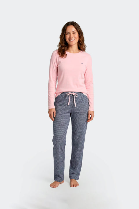 Ensemble pyjama long en coton rose et marine imprimé fantaisie - Image 2