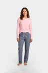 Ensemble pyjama long en coton rose et marine imprimé fantaisie