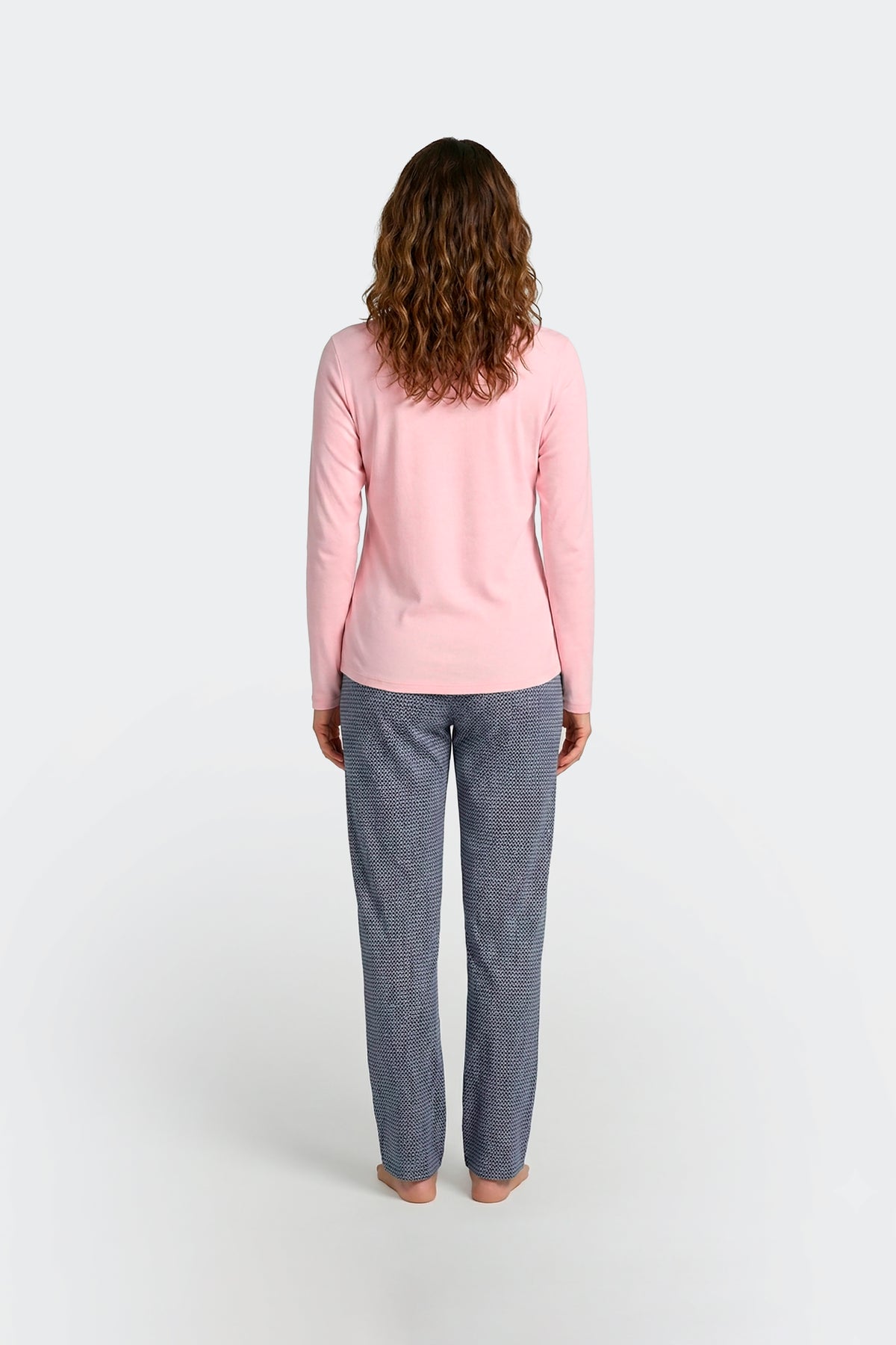 Ensemble pyjama long en coton rose et marine imprimé fantaisie