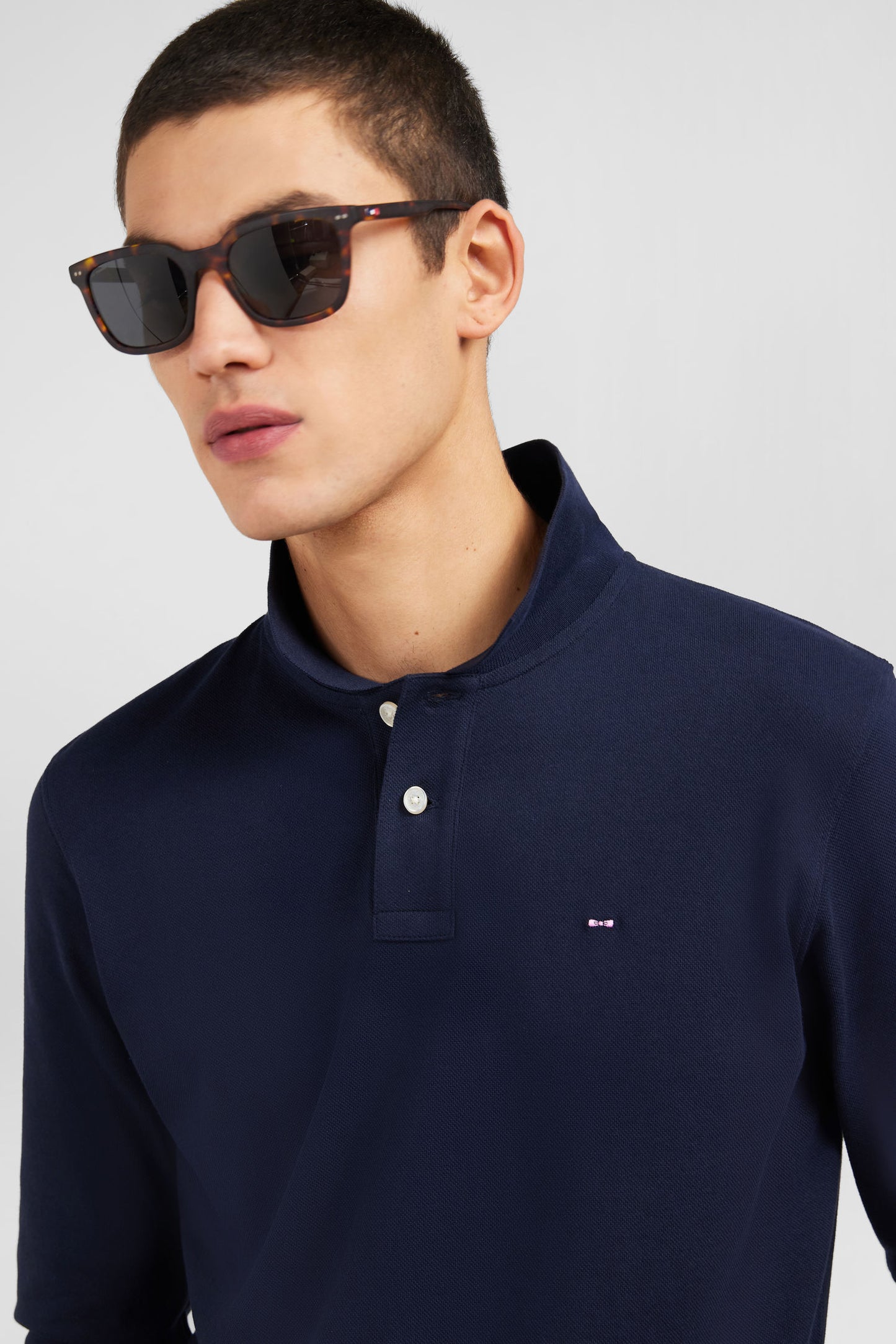 Polo manches longues bleu marine uni en piqué de coton stretch