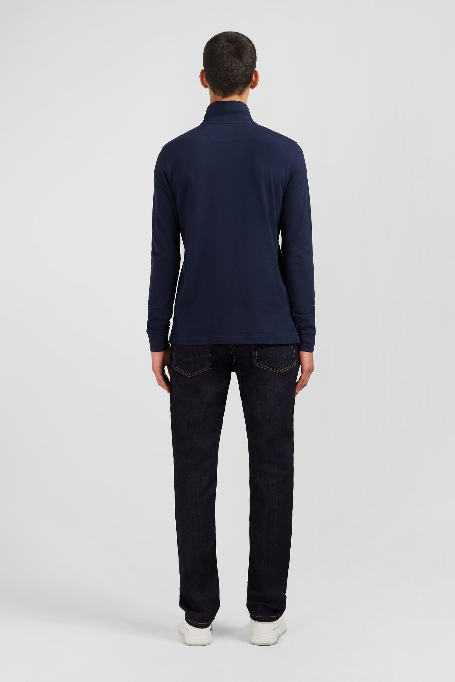 Polo manches longues bleu marine uni en piqué de coton stretch