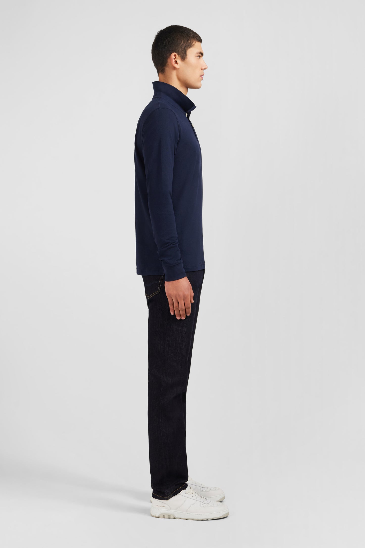 Polo manches longues bleu marine uni en piqué de coton stretch