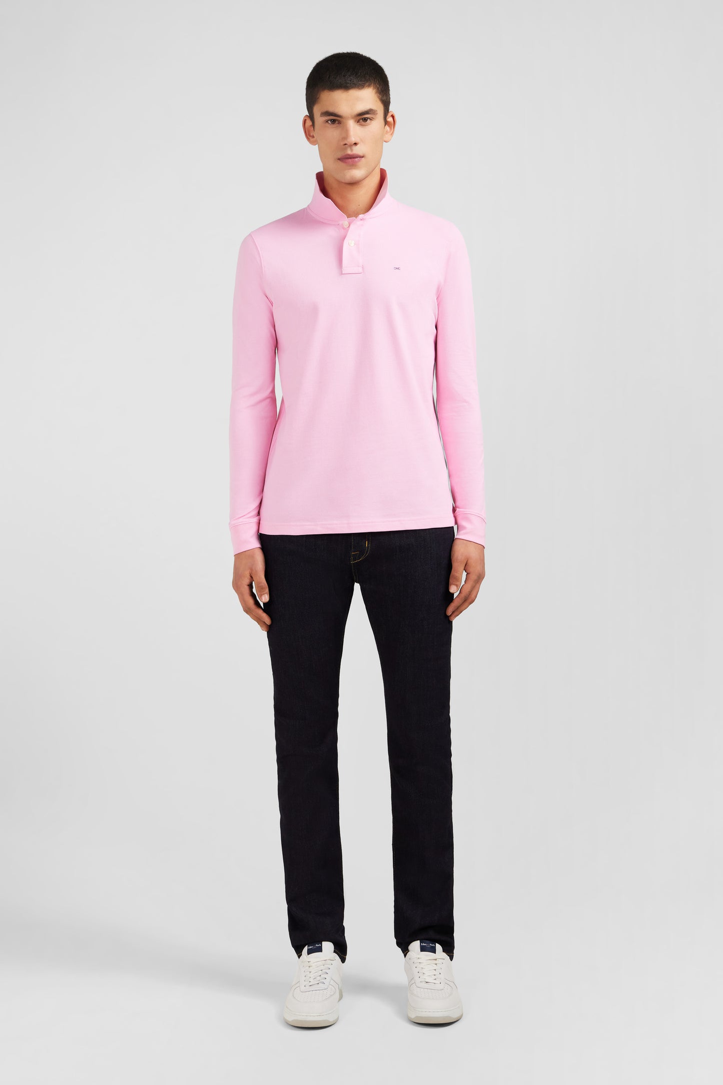 Polo manches longues rose uni en piqué de coton stretch