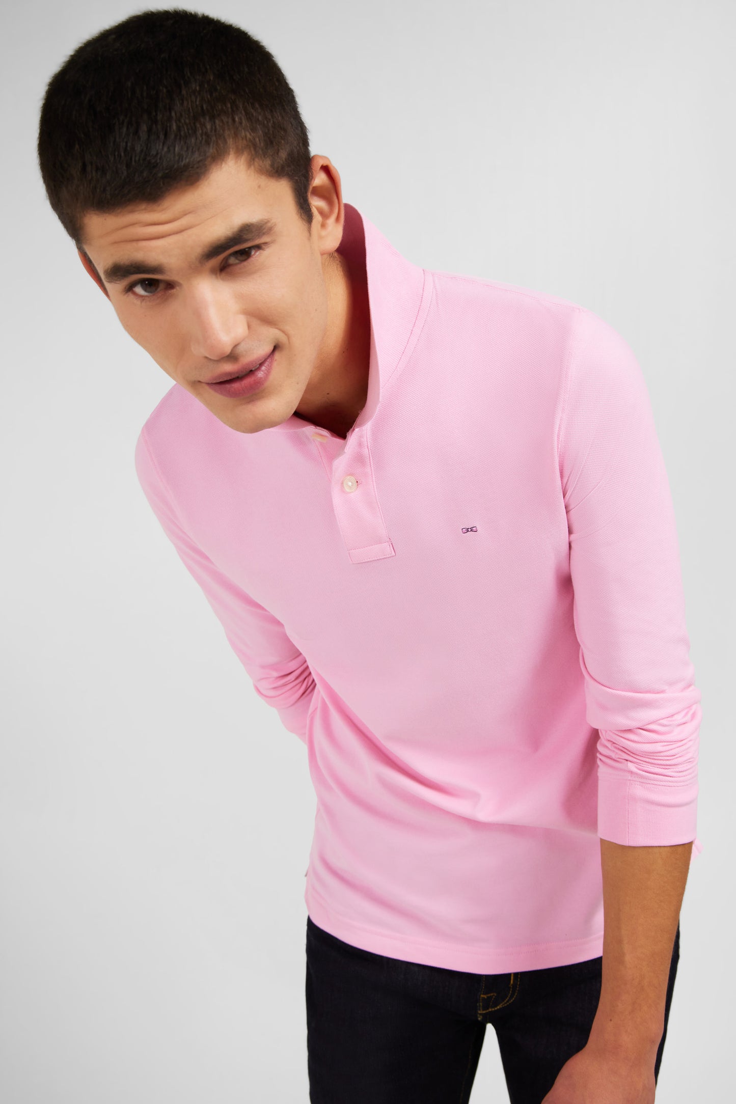 Polo manches longues rose uni en piqué de coton stretch