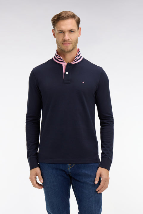 Polo manches longues bleu marine en coton avec col contrasté - Image 3