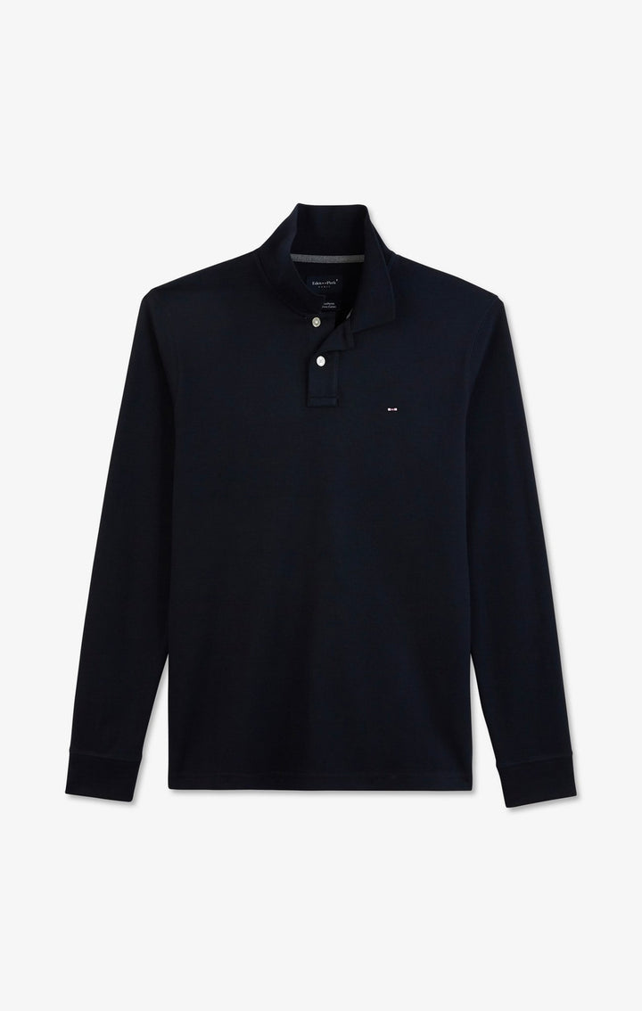 Polo manches longues bleu marine uni en piqué de coton stretch