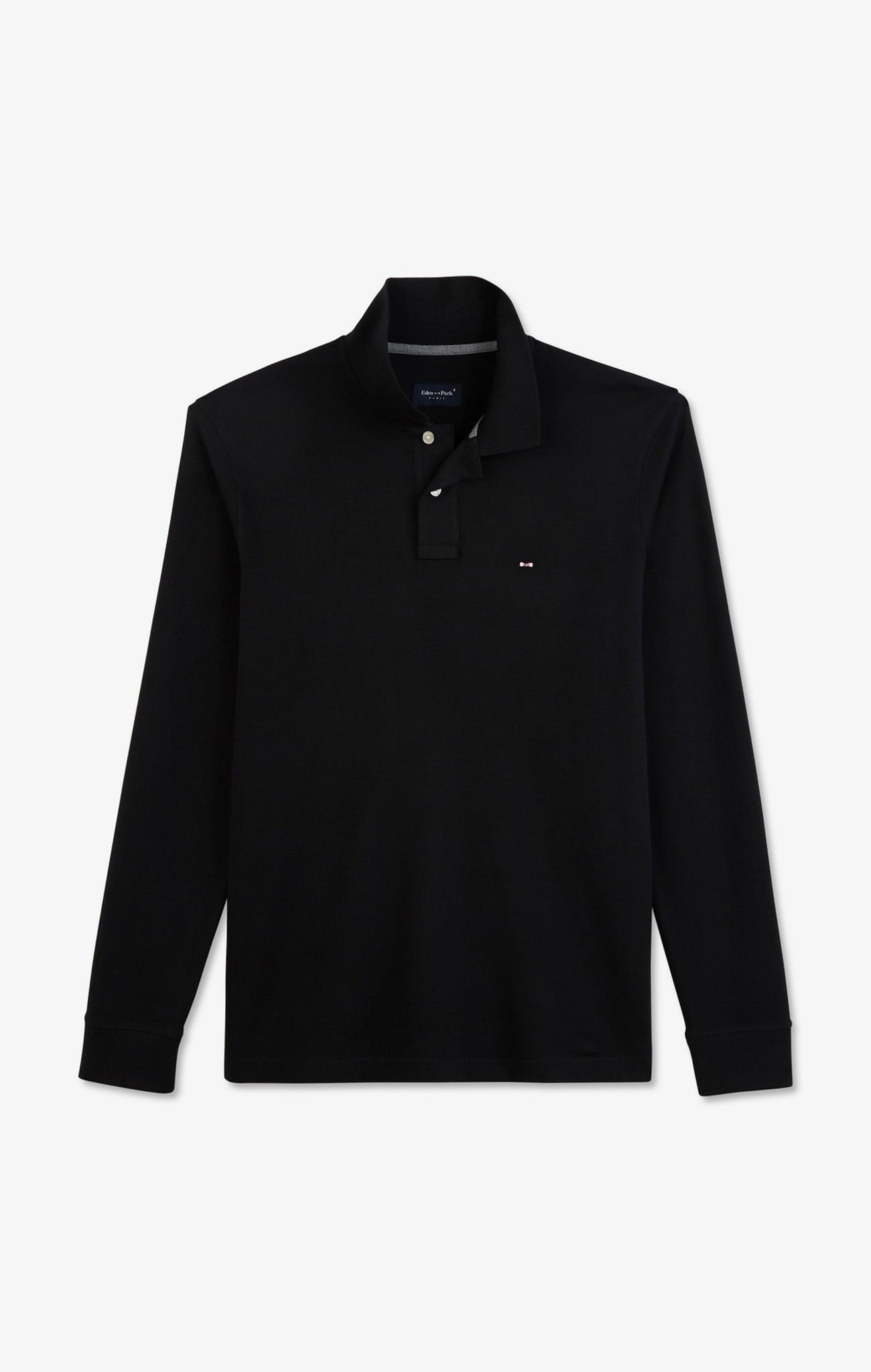 Polo manches longues noir uni en piqué de coton stretch