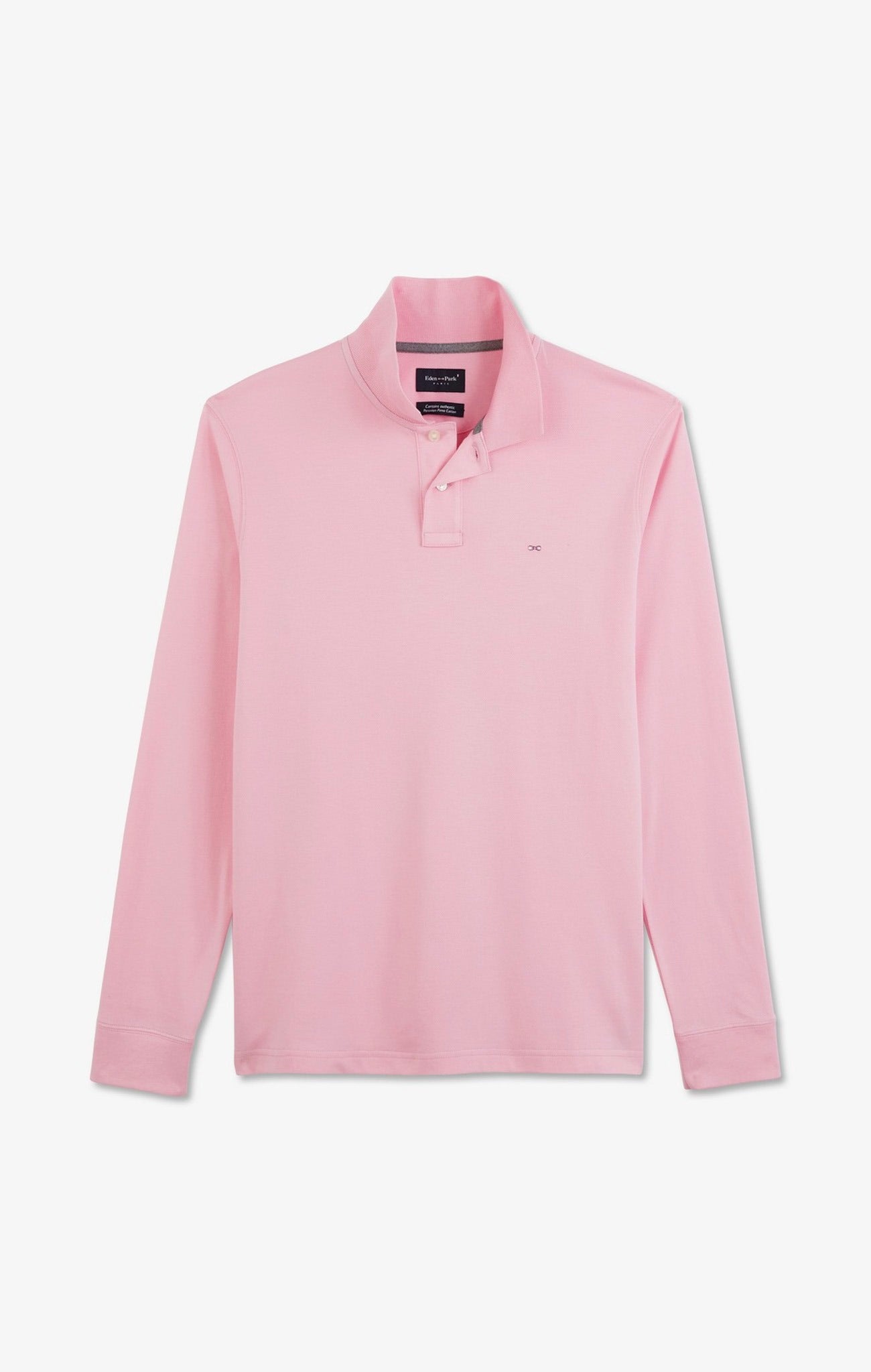 Polo manches longues rose uni en piqué de coton stretch