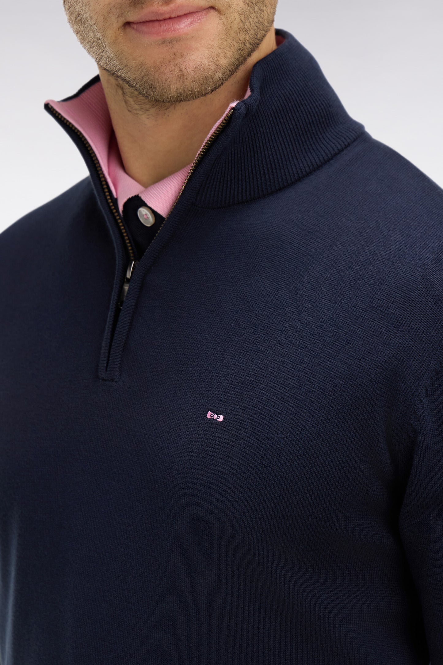 Navy blue cotton jersey jumper with trucker neck