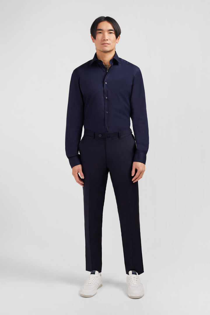 Pantalon regular bleu foncé en laine à plis cassés