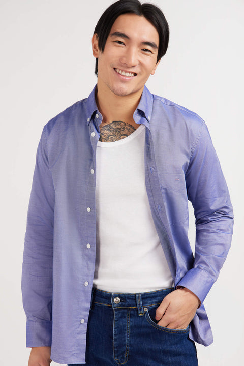 Chemise bleu marine unie en coton - Image 3