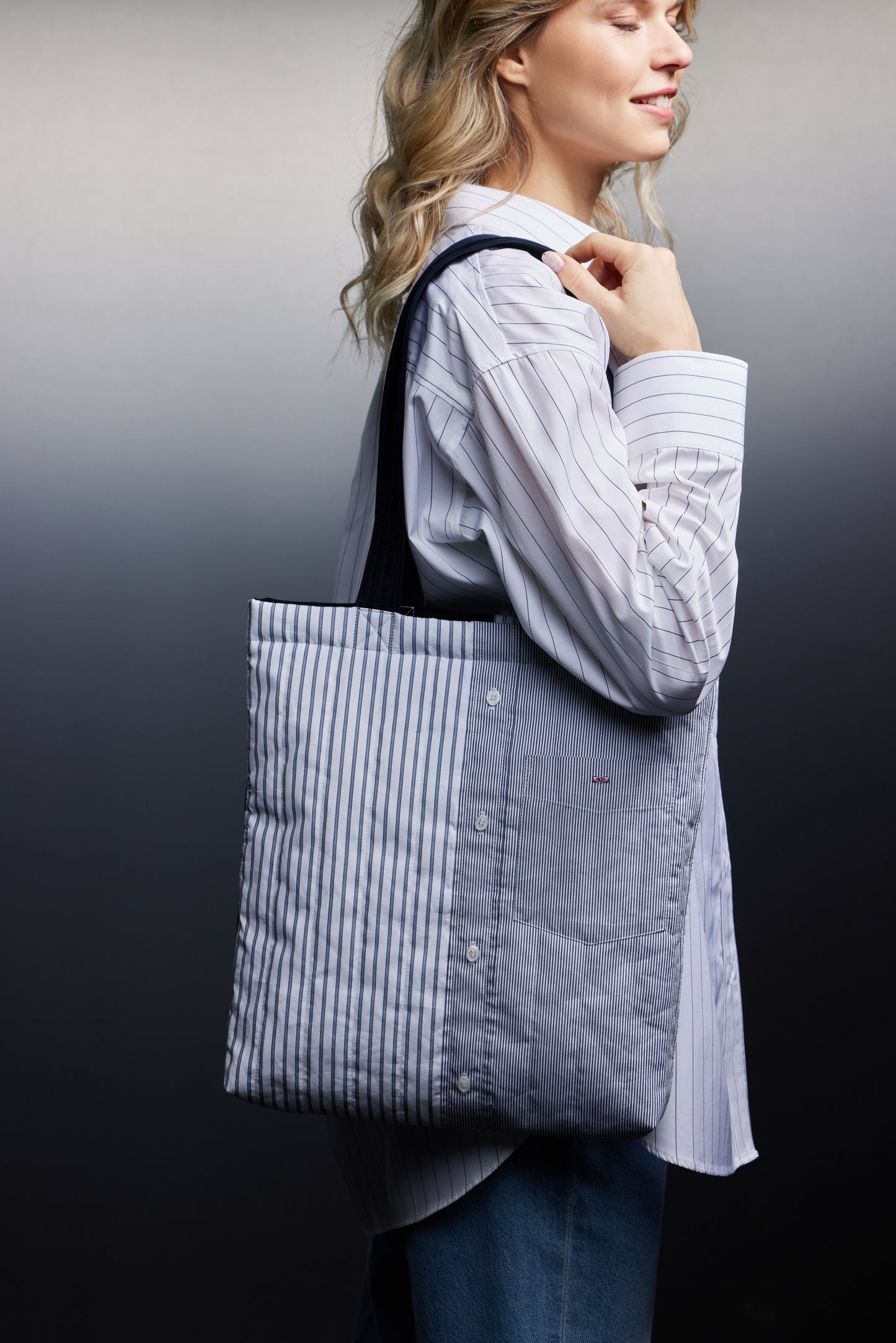 Pap'Atelier upcycled striped cotton patchwork tote bag