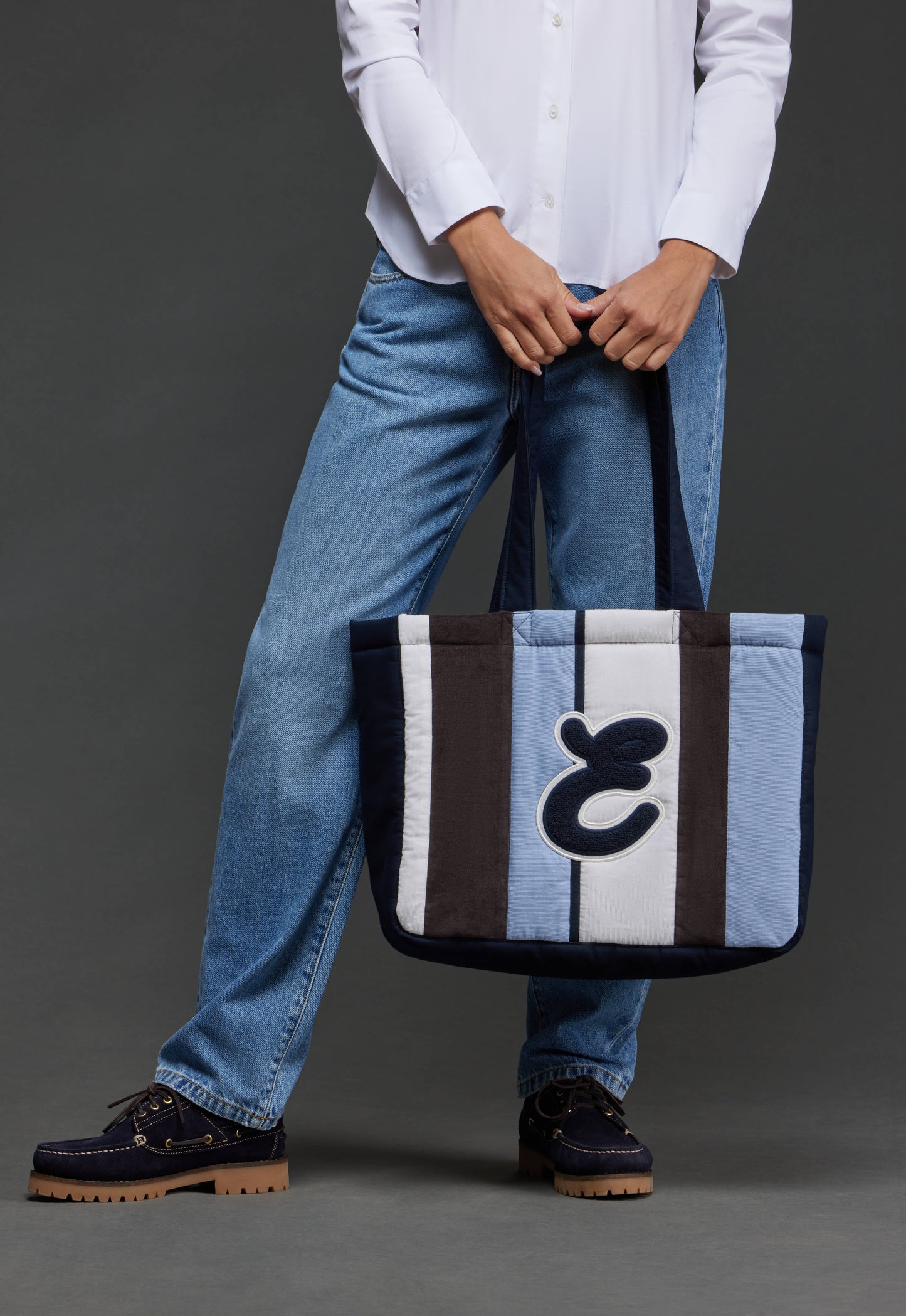 Sac cabas en velours rayé bleu upcyclé Pap'Atelier