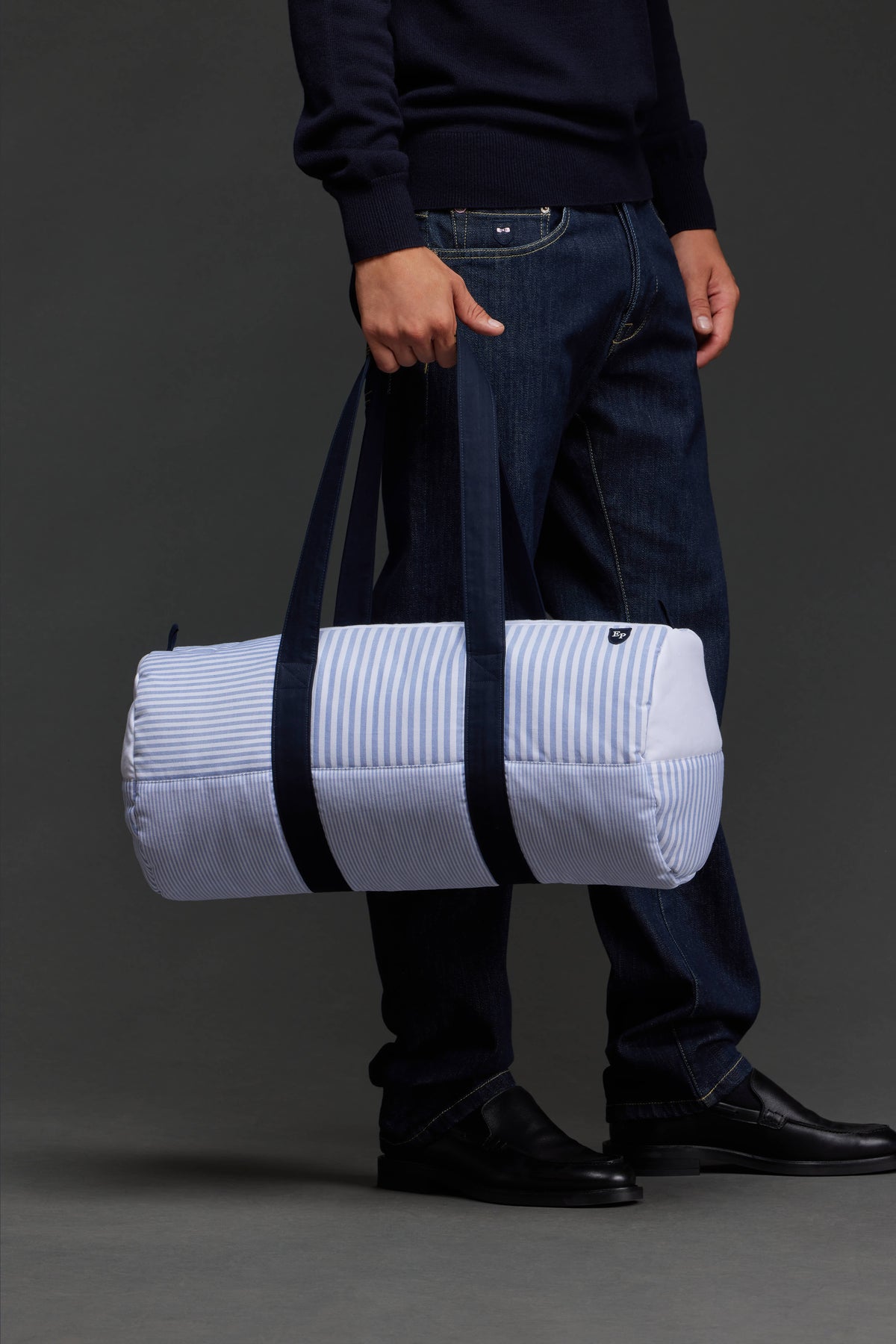 Sac polochon upcyclé Pap'Atelier en coton ciel rayé matelassé