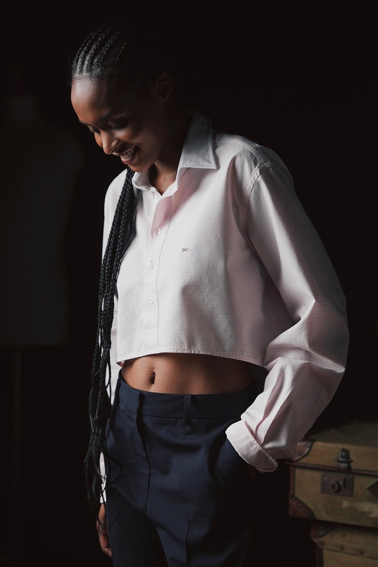 Chemisier cropped rayée en coton rose et blanche Pap'atelier