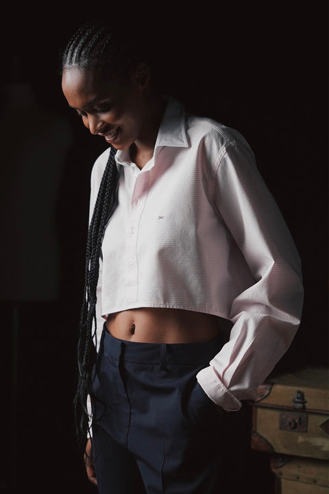Chemisier cropped rayée en coton rose et blanche Pap'atelier - Image 1