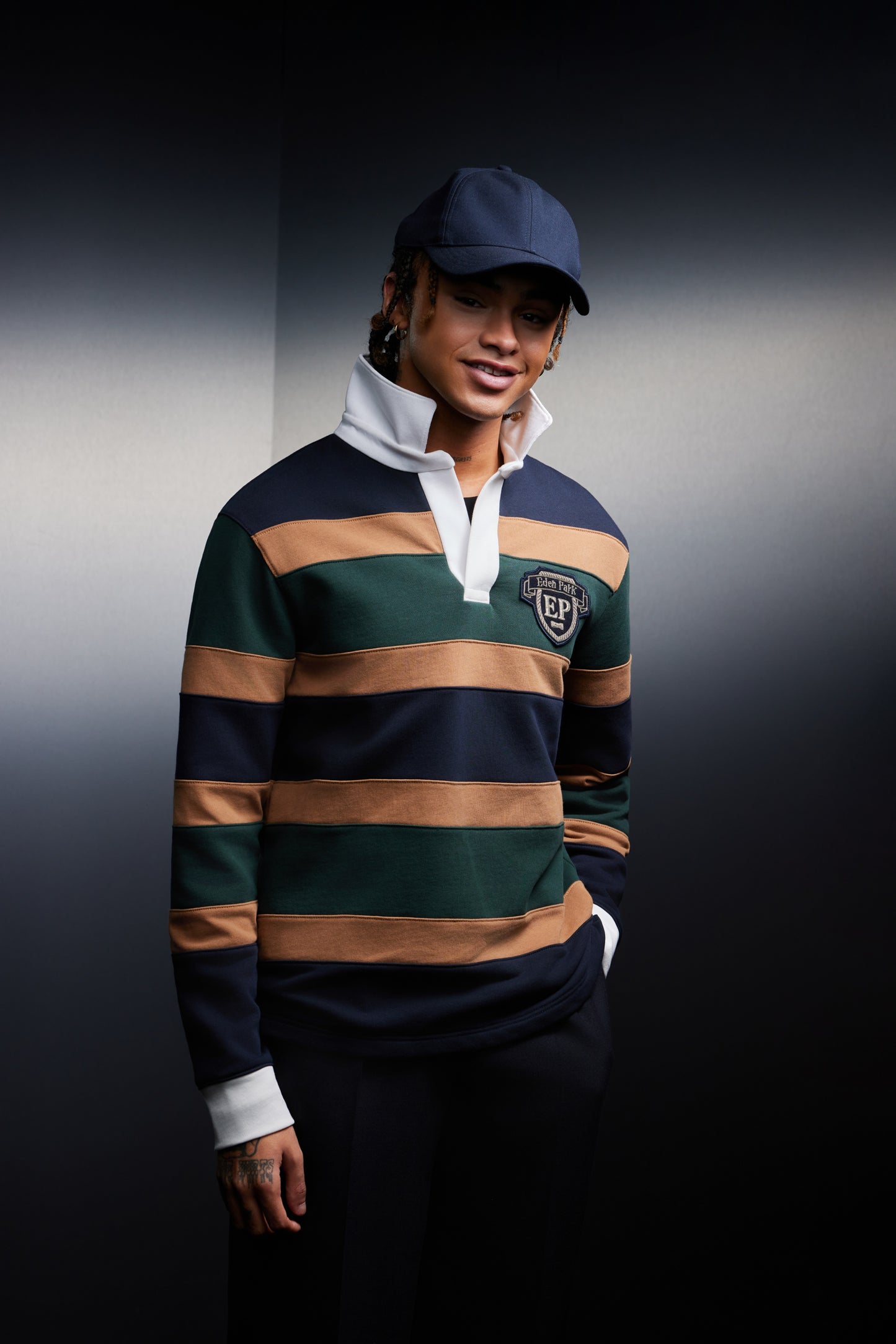 Maillot à rayures rugby tricolore marine vert et jaune upcyclé Pap'Atelier