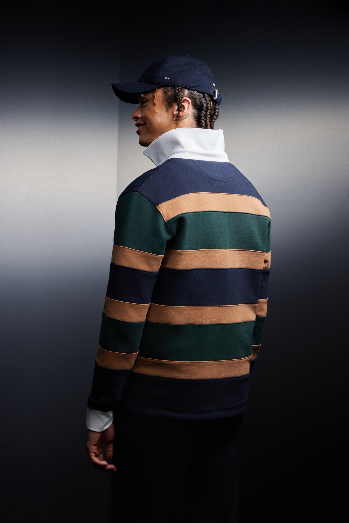 Maillot à rayures rugby tricolore marine vert et jaune upcyclé Pap'Atelier