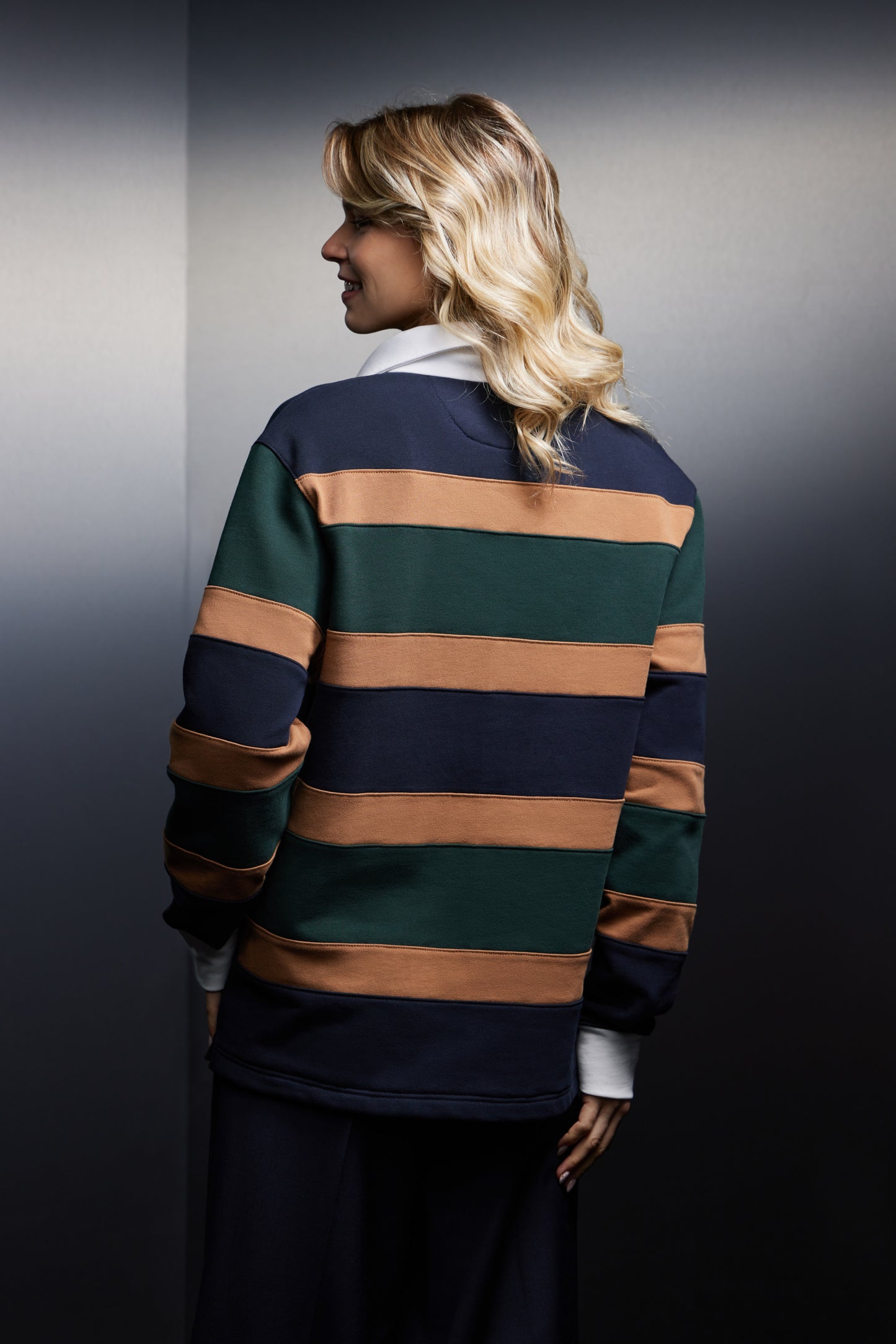 Maillot à rayures rugby tricolore marine vert et jaune upcyclé Pap'Atelier