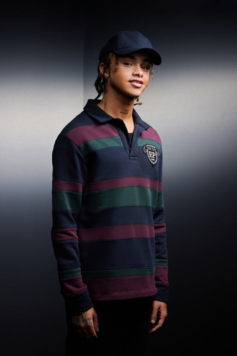 Maillot à rayures rugby tricolore marine vert et bordeaux upcyclé Pap'Atelier - Image 1