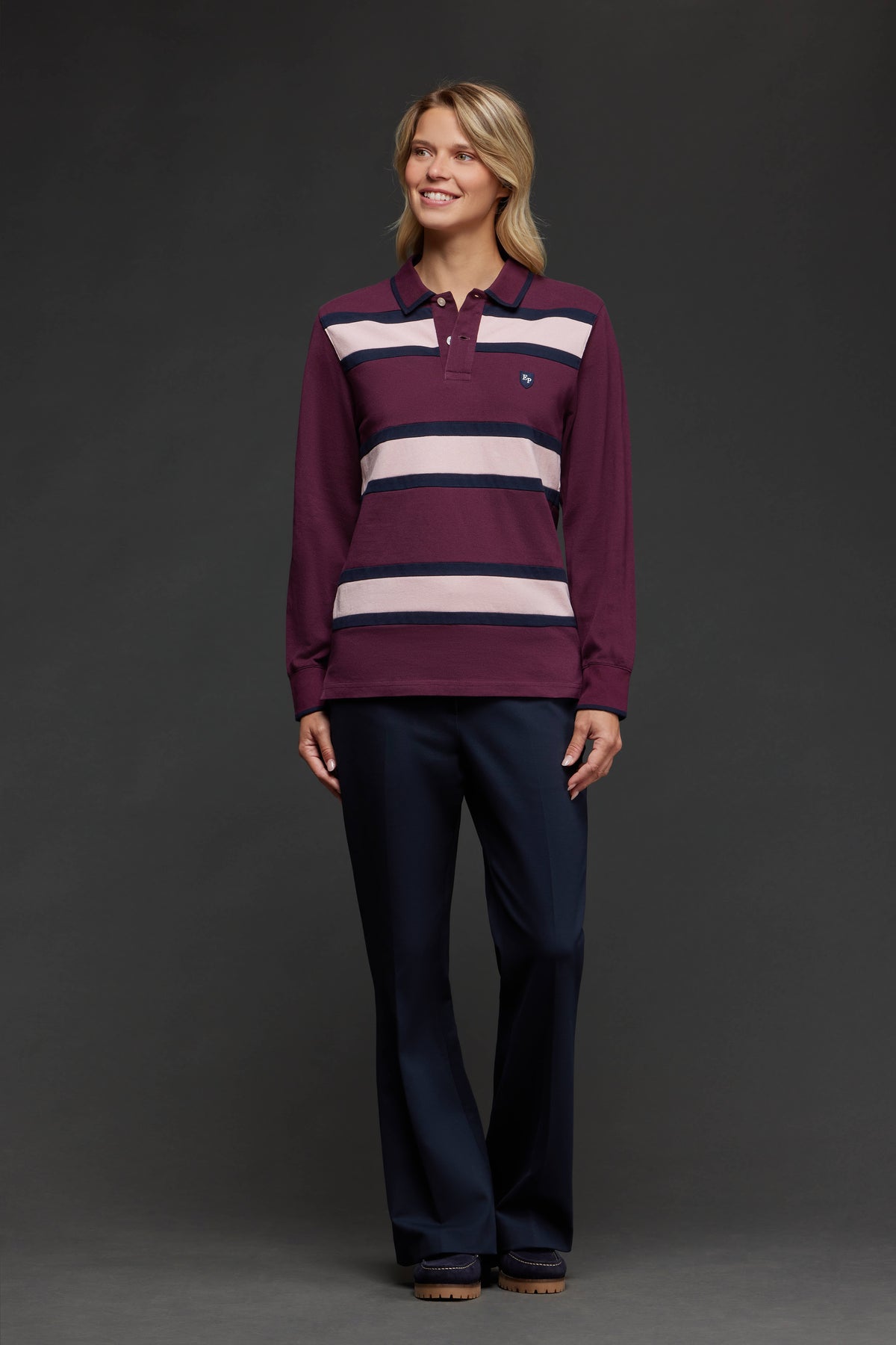 Polo manches longues upcyclé Pap'Atelier en coton bordeaux à rayures roses et marine