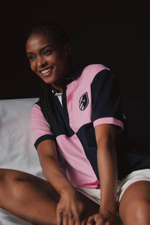 Navy and pink Pap'atelier cotton piqué cut and sewn polo shirt with badge - Image 1