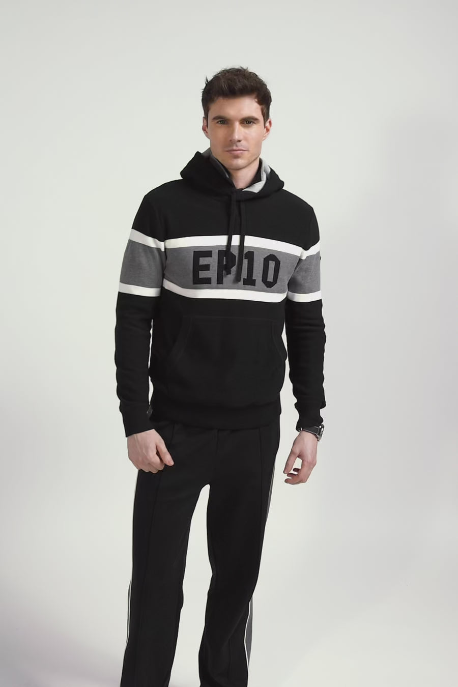 Regular black hooded jumper with EP10 jacquard