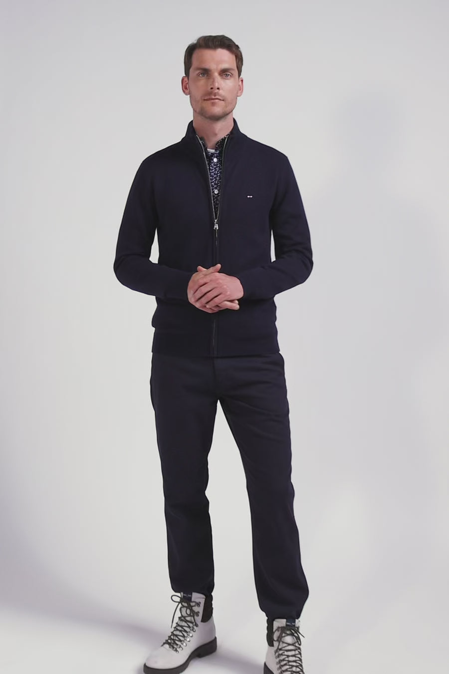 Regular navy blue plain wool and cotton zipped cardigan