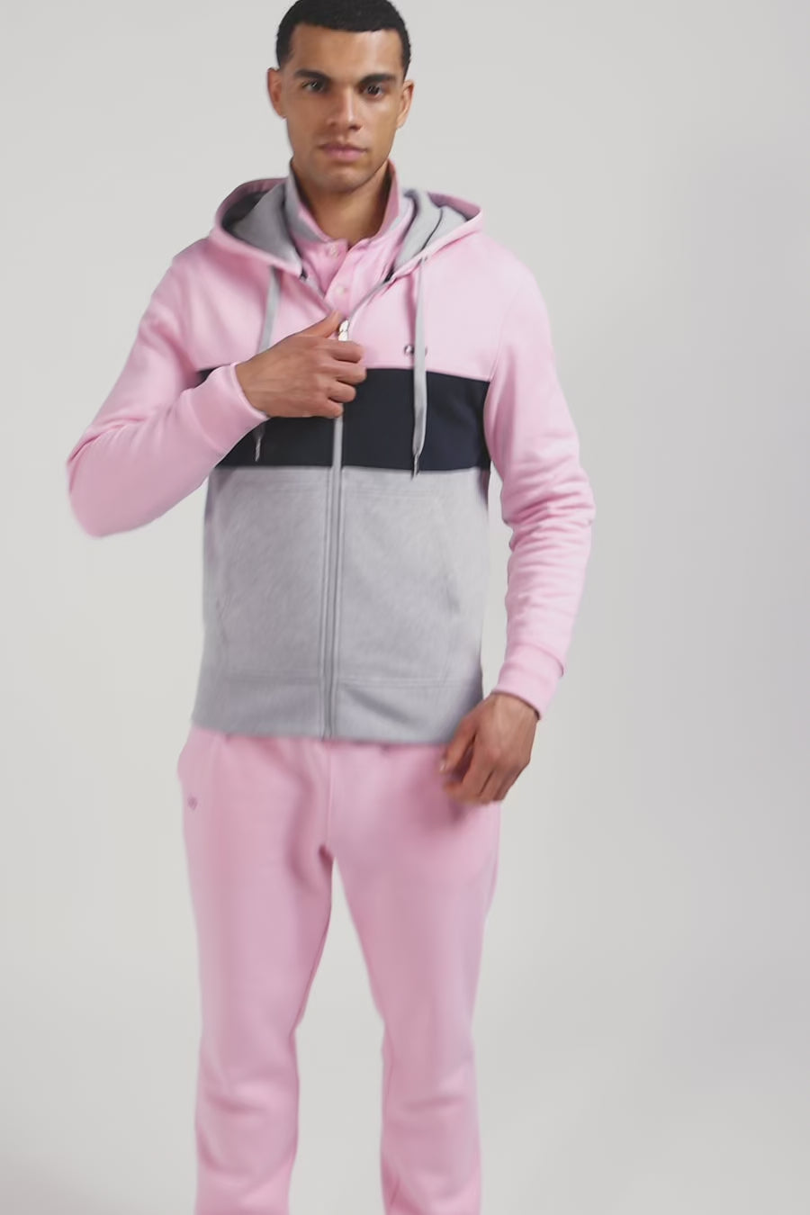 Sweatshirt à capuche zippé colorblock en coton rose coupe Regular