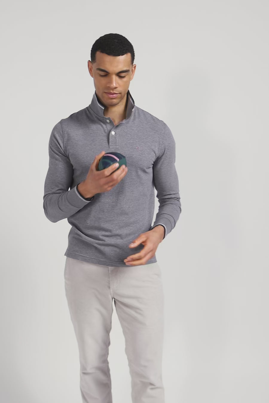 Polo manches longues gris en coton stretch finitions rayées