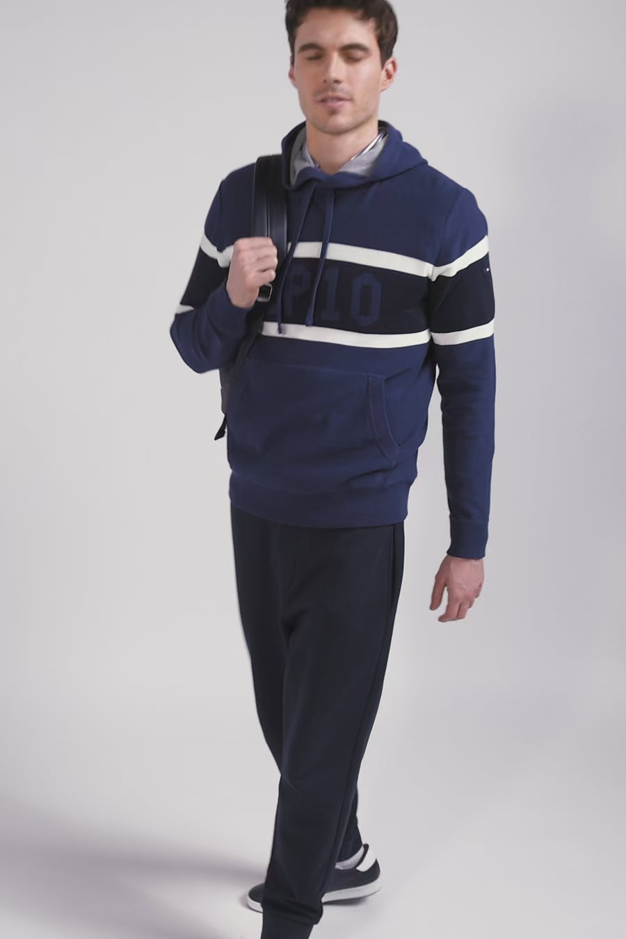 Regular dark blue hooded jumper with EP10 jacquard