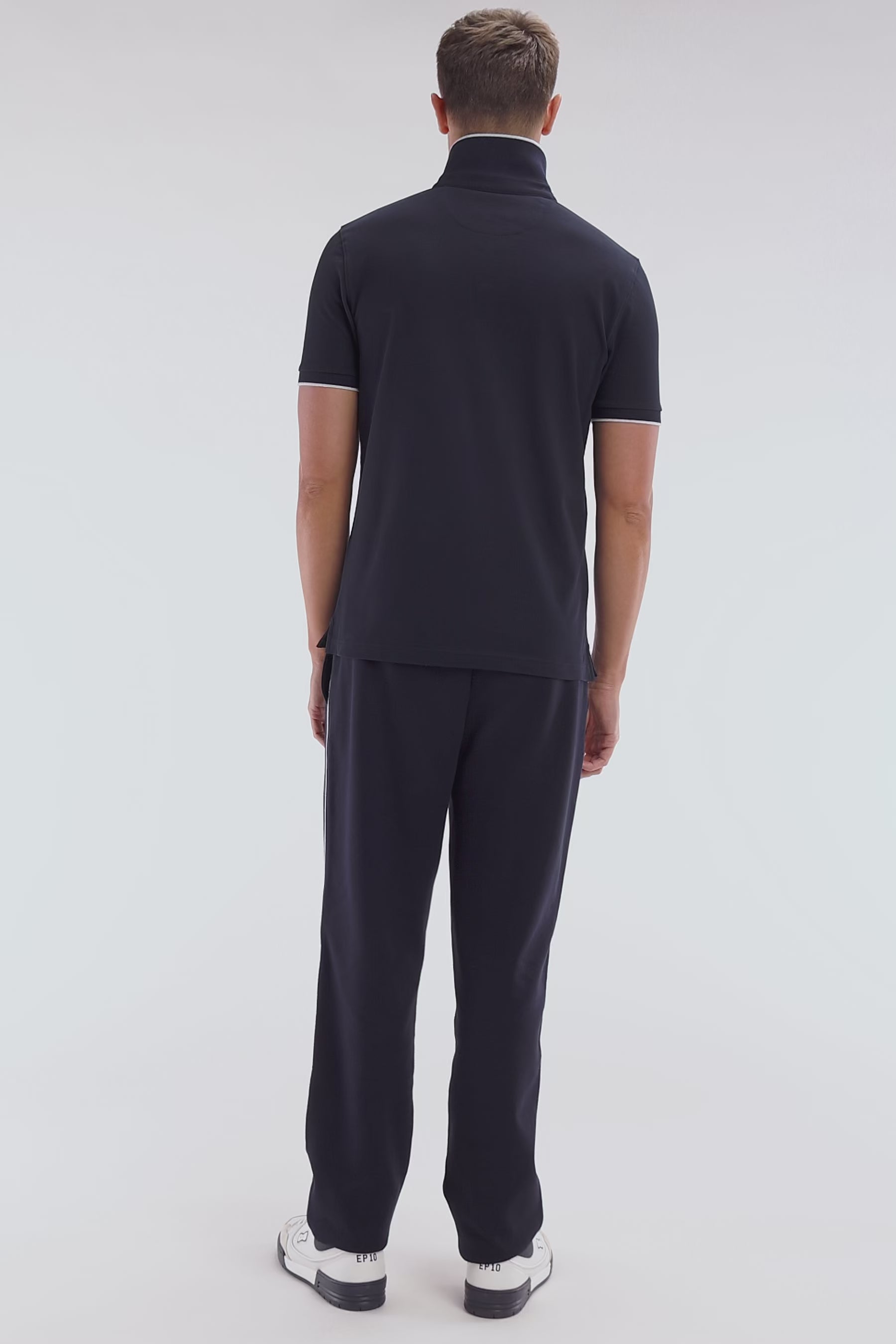 Polo à manches courtes en piqué de coton chiné stretch marine coupe ajustée