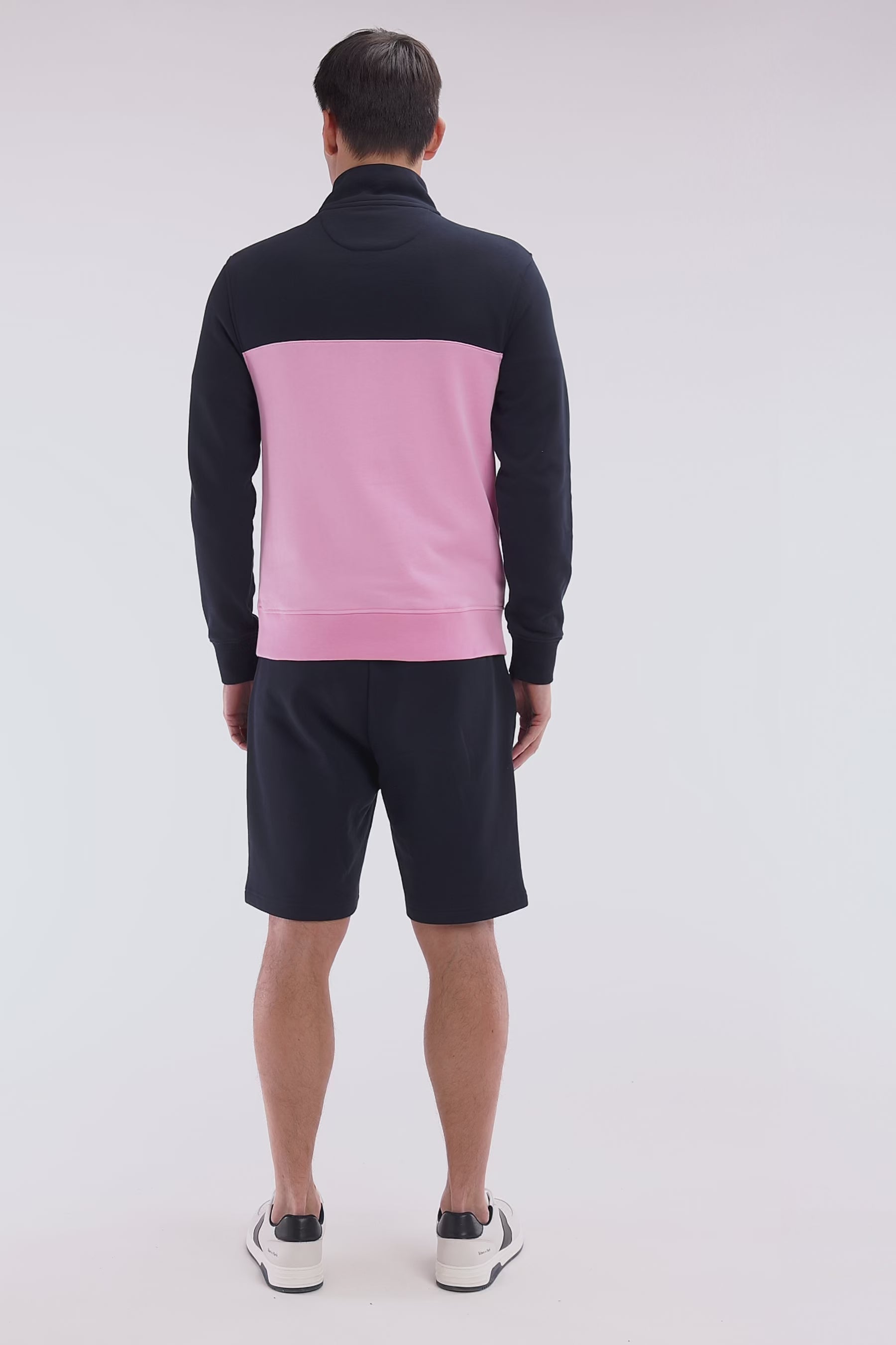 Sweatshirt à col camionneur en coton bicolore rose et marine coupe droite