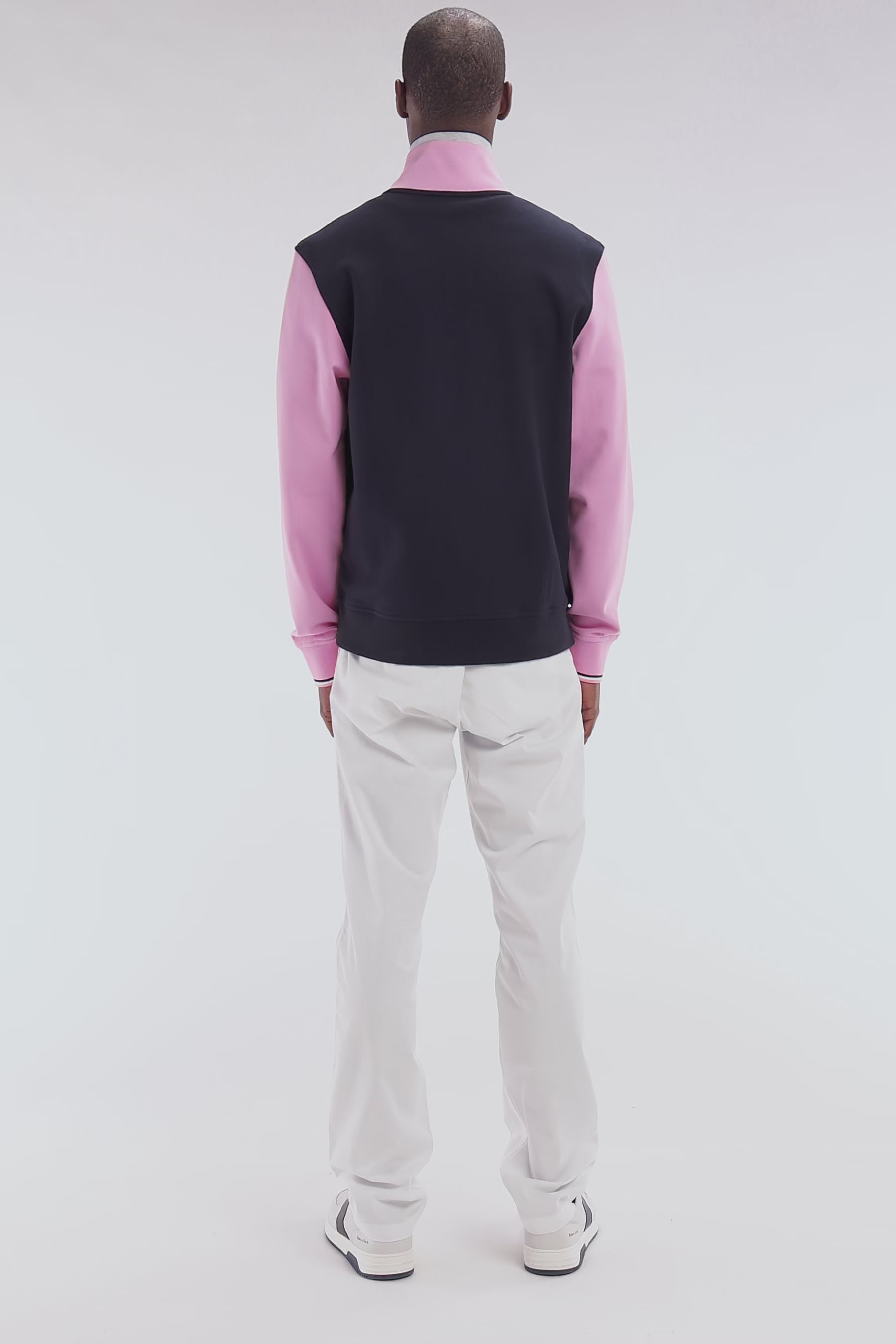 Sweatshirt zippé bimatière en molleton coton stretch rose parmenture matelassée coupe droite