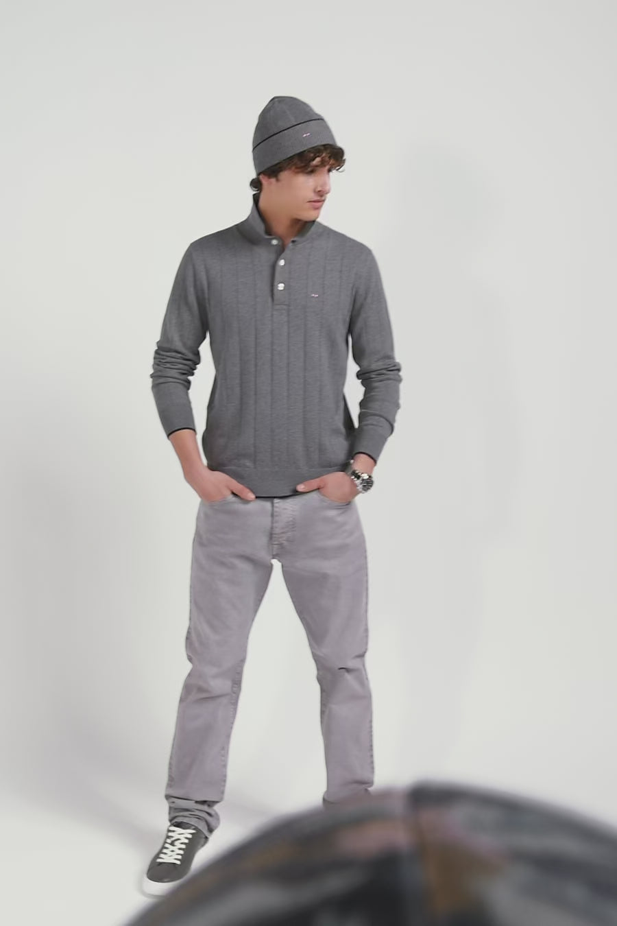 Regular grey cotton and cashmere jumper with rugby shirt collar