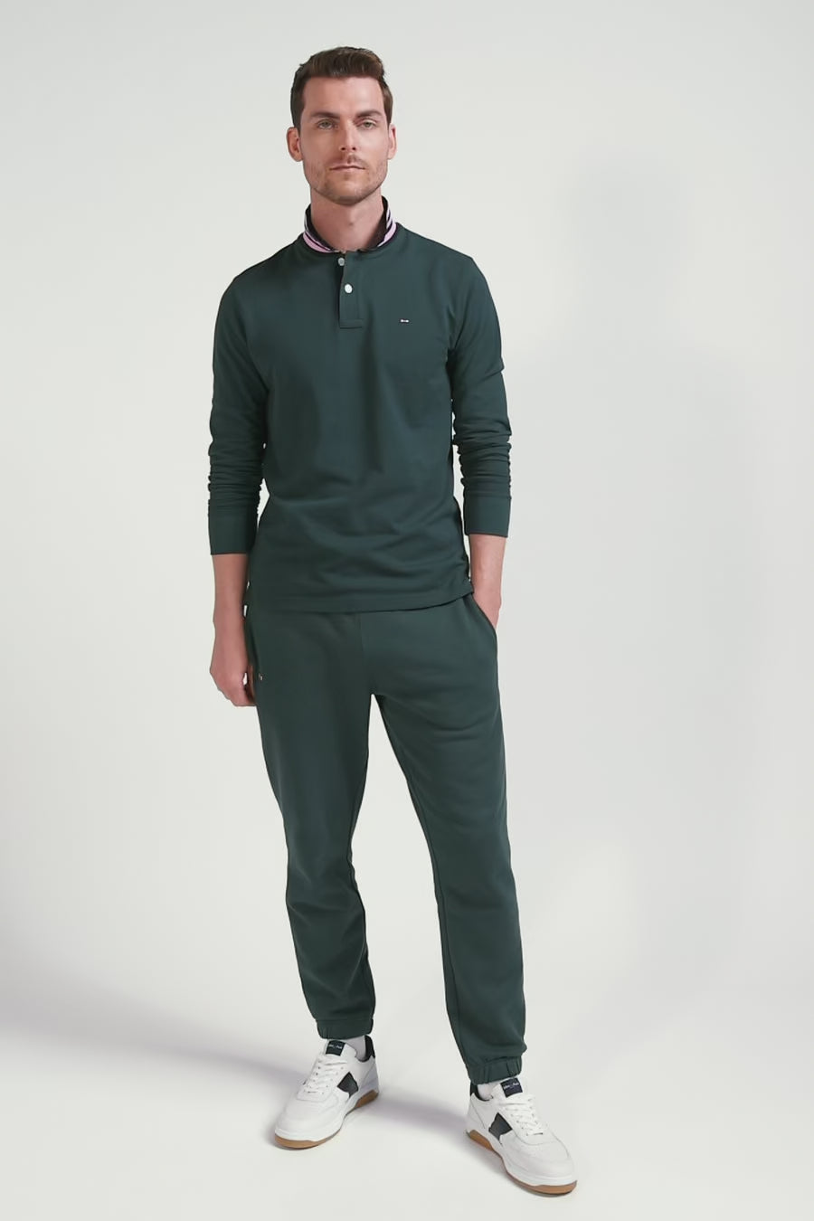 Regular dark green long-sleeved cotton piqué polo shirt