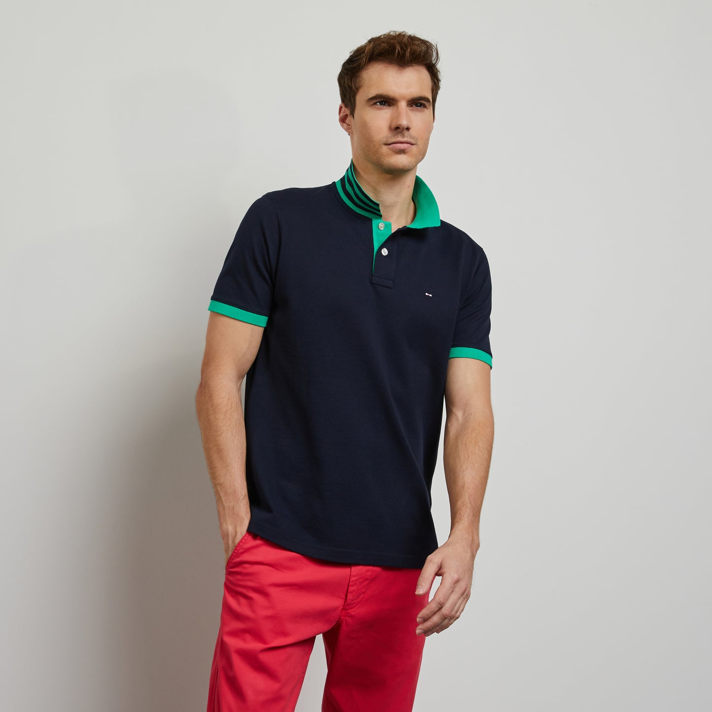 Polo bleu foncé à détails vert en coton Pima