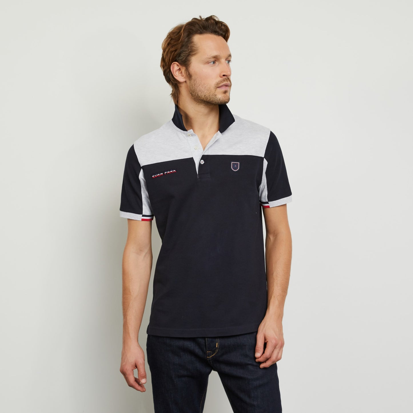 Polo color-block gris en coton piqué