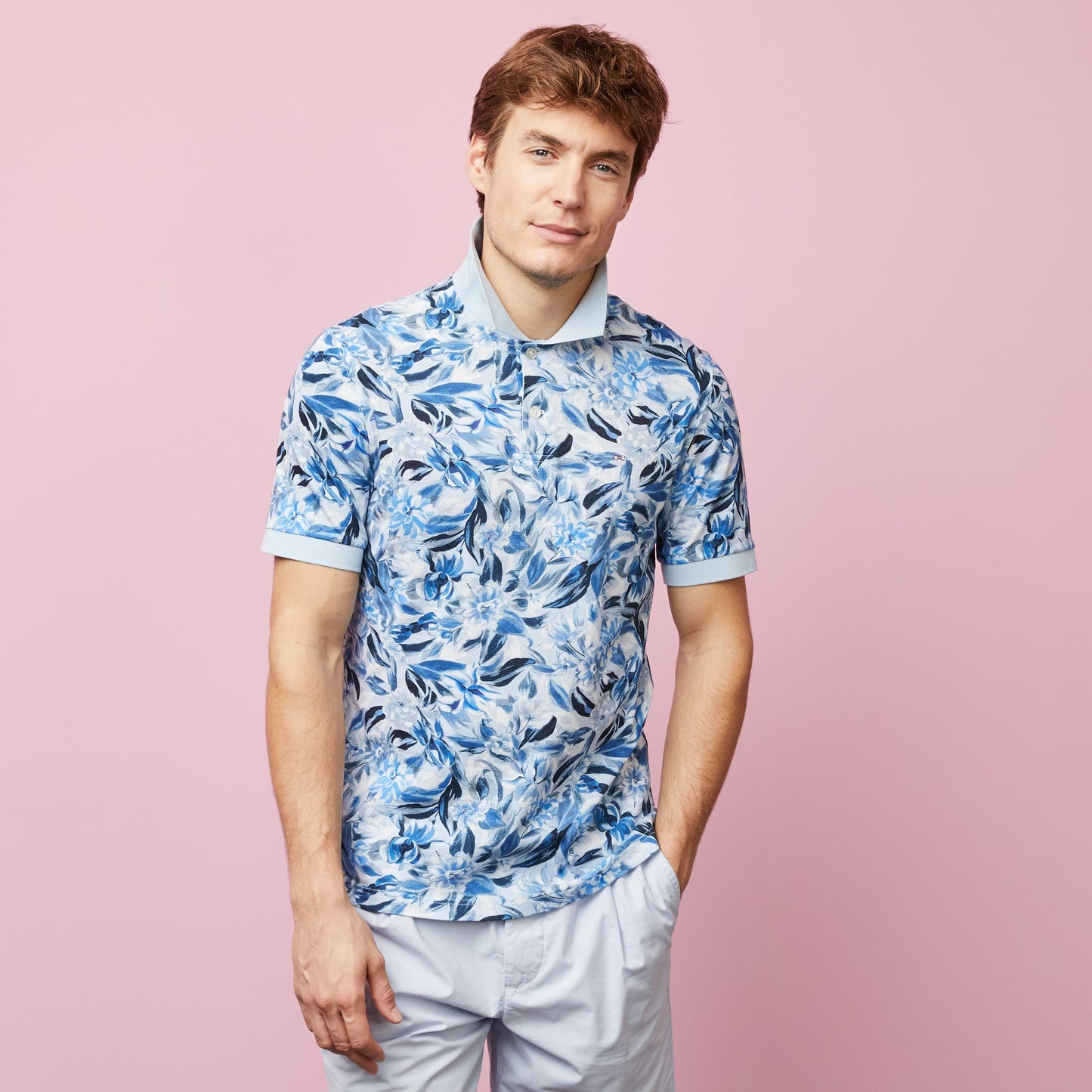 Light blue polo in cotton pique with floral print
