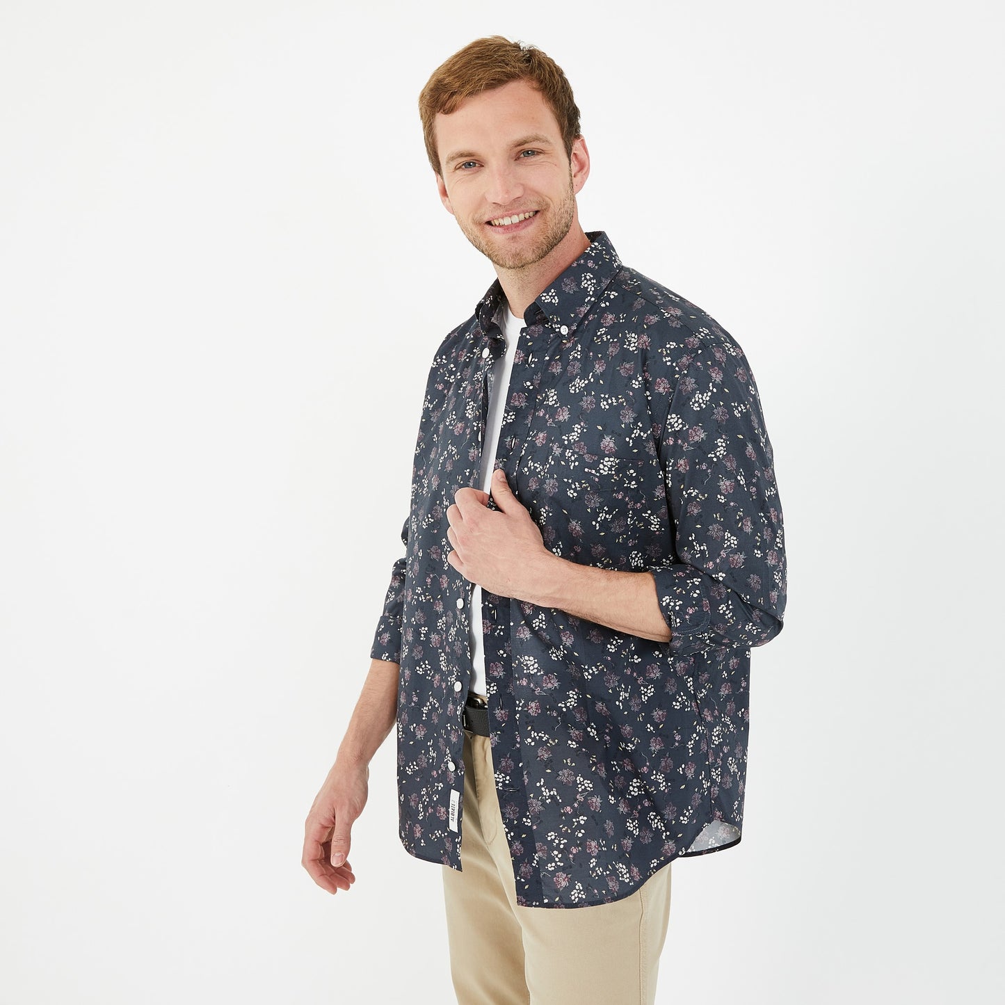Navy blue shirt in premium cotton with floral pattern