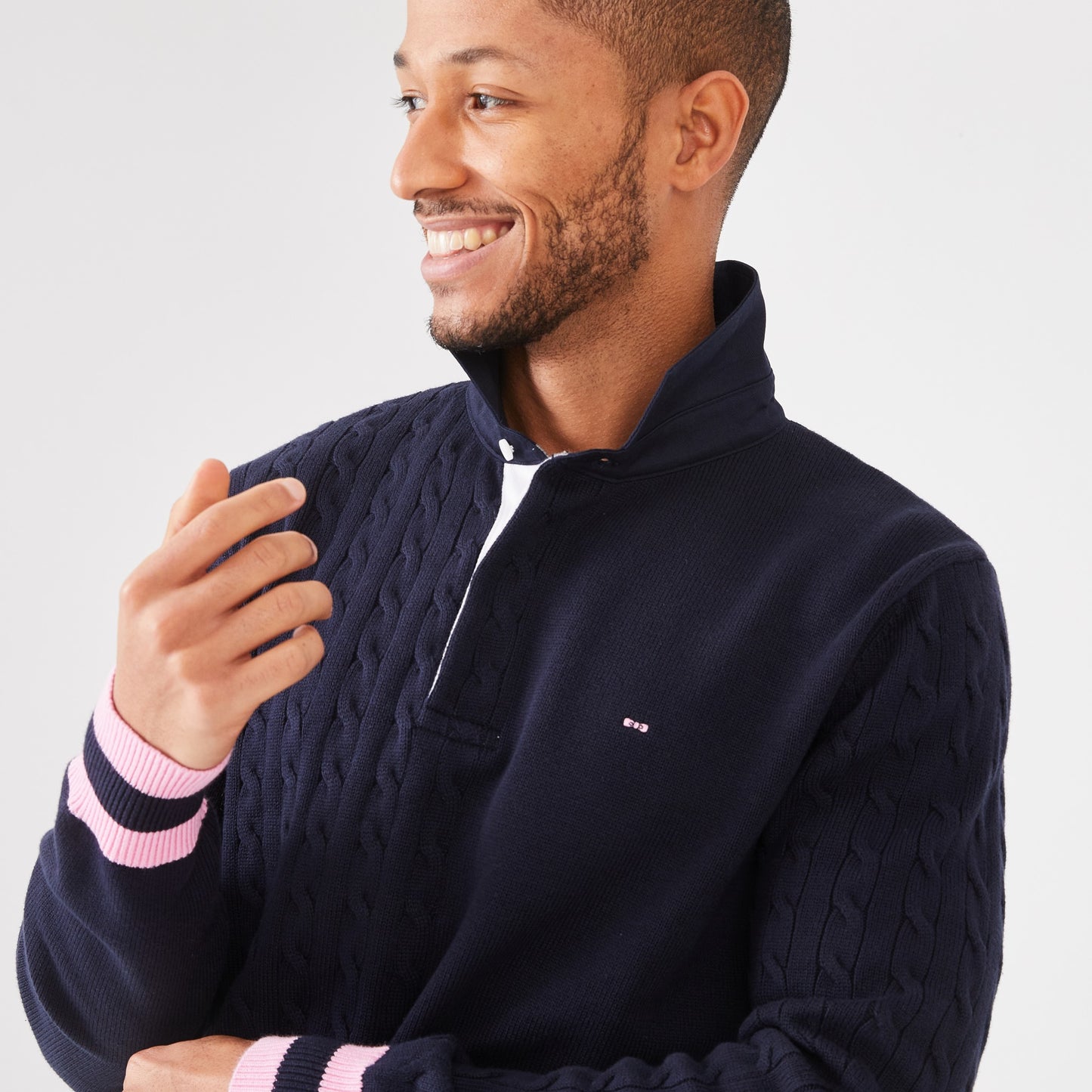 Pull marine à col maillot en coton avec torsades