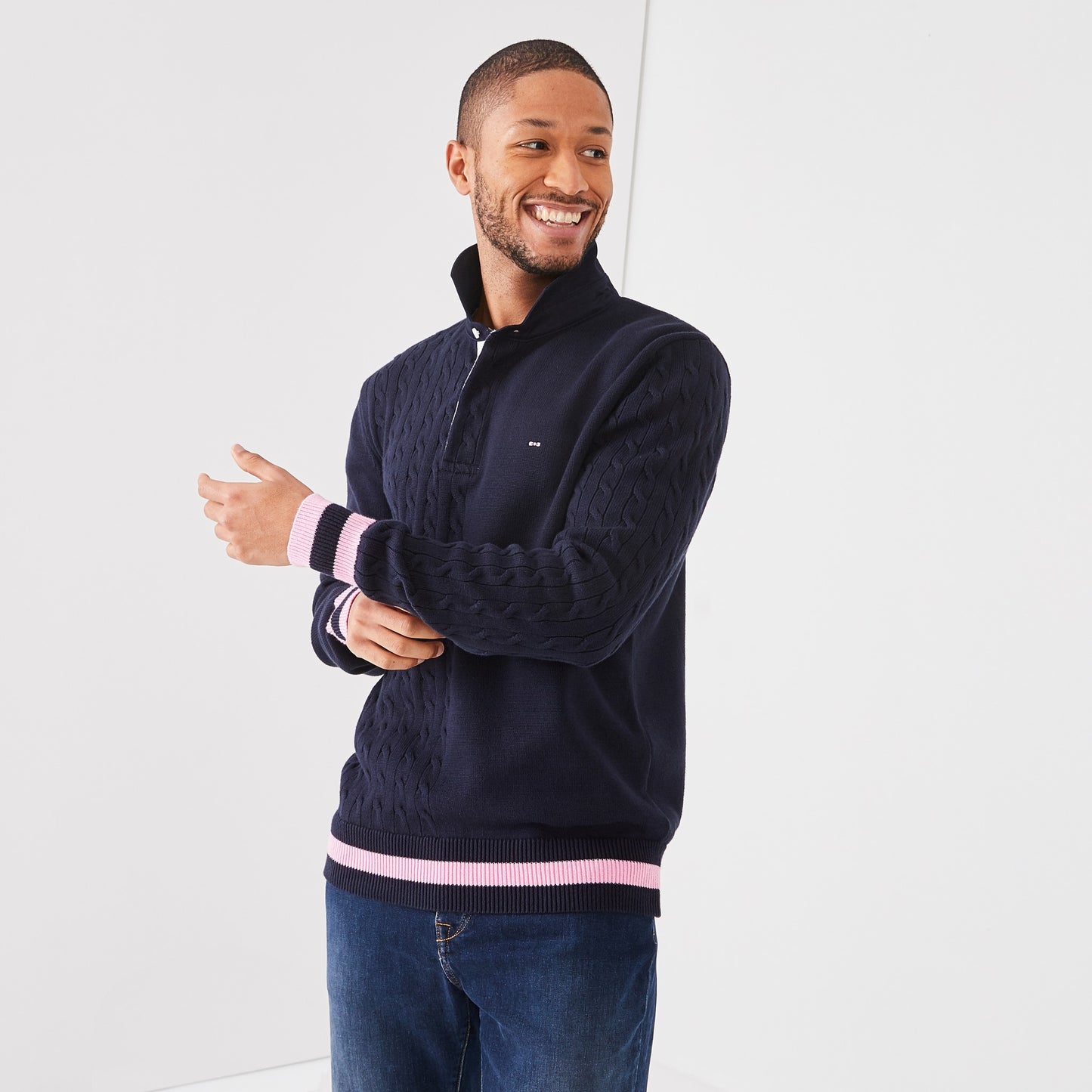 Pull marine à col maillot en coton avec torsades
