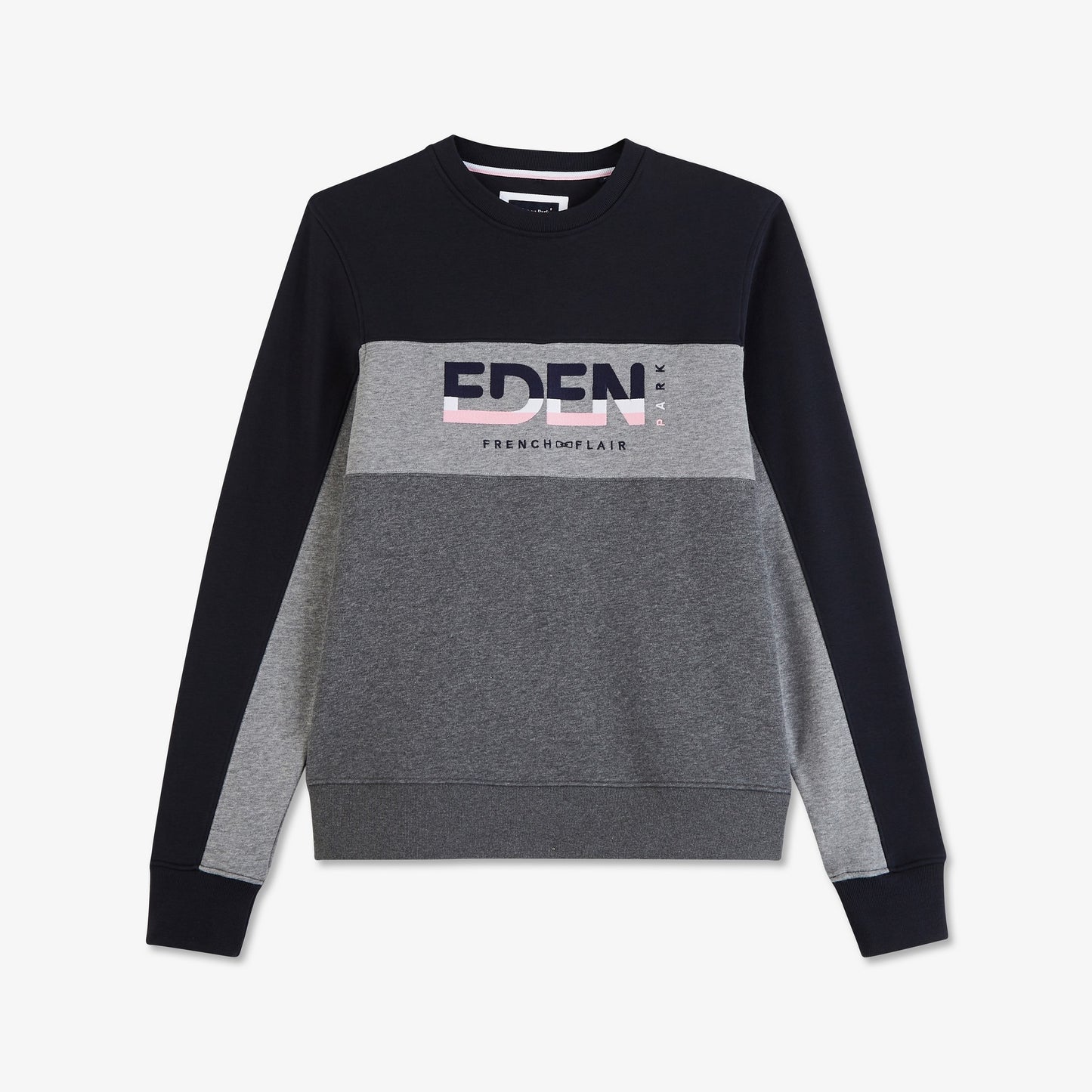 Round-neck sweatshirt in embroidered color-block fleece